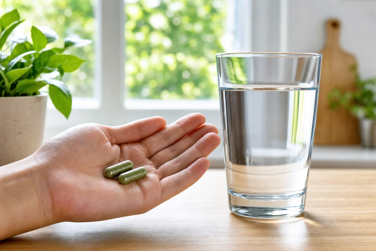 Dos cápsulas de Wortex junto a un vaso de agua como rutina matutina de la limpieza antiparasitaria